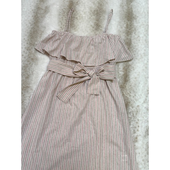 Pleione Striped Sundress Womens M Pink Tan Ruffle Tie Waist Spring Summer Beach - Picture 3 of 9